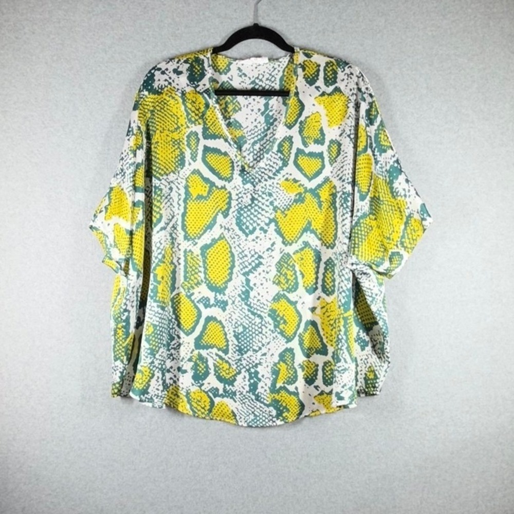 R2 Sadie Oversized Snakeskin V-Neck Blouse Yellow Green Animal Print XS